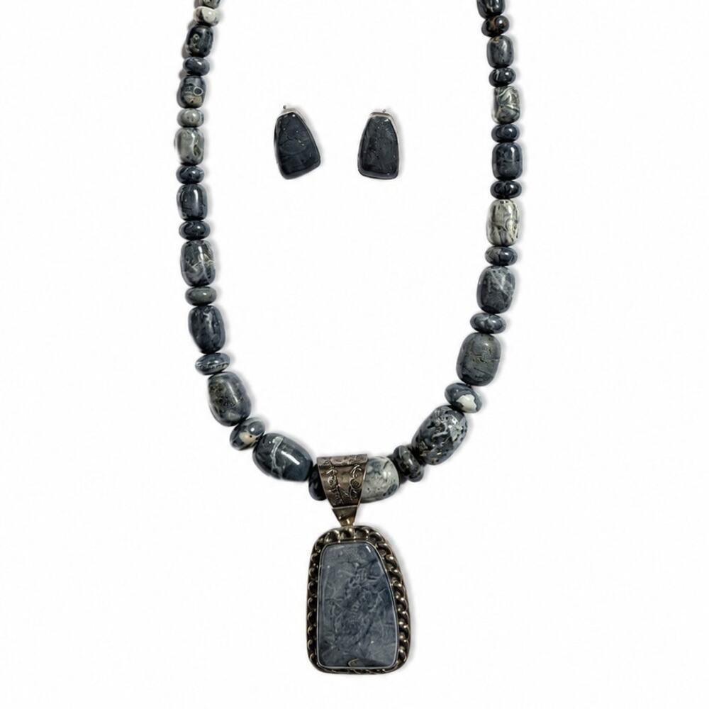 Jay King Gray Jasper Sterling Silver Necklace Earrings Set 925 Pendant - Picture 2 of 7
